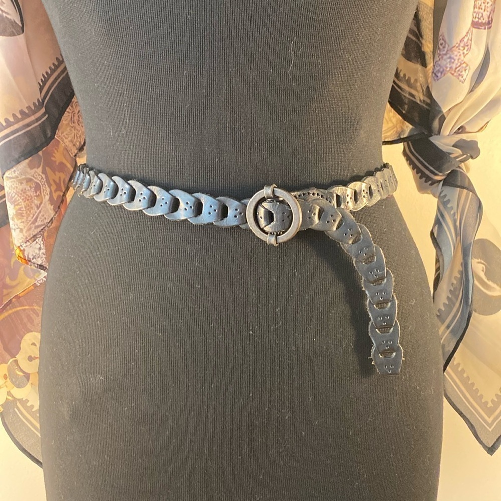 Black leather chain belt metal round buckle 34.5”